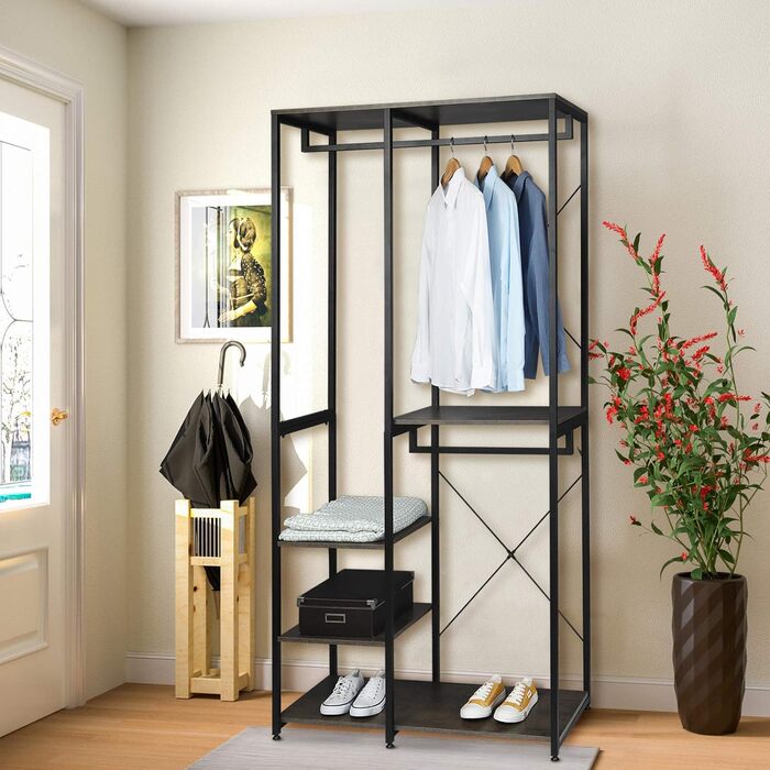 WOLTU Clothes Rack Wardrobe Clothes Rail Laundry Rack with Shelf Shoe Rack made of Wood and Steel, Hanging Shelf, White + Light Oak (Black+Rust Color)