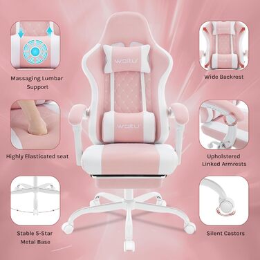WOLTU Gaming Chair with Massage Function, Computer Chair with Pocket Spring Cushion, Ergonomic Gamer Recliner, Swivel Chair with Headrest, Lumbar Pillow, Footrest, Mesh Fabric, Pink+White, GS15rsw Pink+White Mesh Fabric