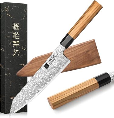 Японський ніж Kiritsuke XINZUO з дамаської сталі, 21.5 см, Gyuto, ручка з оливкового дерева та чорного рогу буйвола, ручна робота, з піхвою