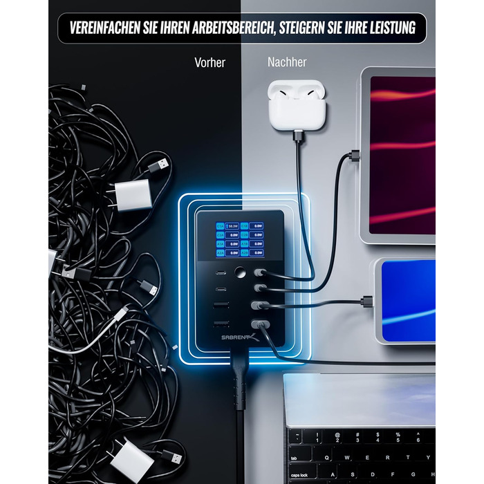 Зарядний пристрій Sabrent USB 60W, 10 портів, швидка зарядка для MacBook, ноутбуків USB-C, iPhone, Samsung Galaxy (AX-TPCS)