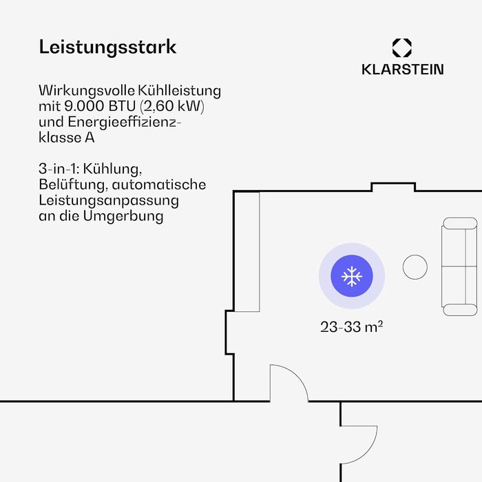 Klarstein Aero Ring Mobile Klimaanlage: 9000 BTU, 3-в-1 (Охолодження, Зволожувач, Вентилятор), Smart App, Голосове керування, для приміщень до 31 м², Клас енергоефективності A, R290, Кольори: Чорний