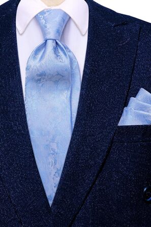 Шовковий краватковий комплект Hi-Tie: краватка, нагрудна хустинка, запонки, латунний значок. Ідеально для весілля та ділових зустрічей (Babyblau A)