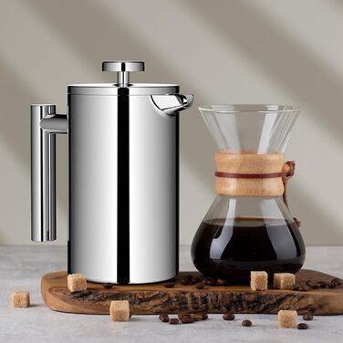 Френч-прес для кави, 600 мл, нержавіюча сталь, з 3-рівневою фільтрацією, подвійні стінки, з ложкою, сріблястий