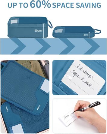 Органайзери для валіз ECOHUB (набір 4 шт) з мітками, екологічні, з перероблених матеріалів, для рюкзаків та валіз, з міцною сіткою, тревел-органайзери (зелений, блакитний)