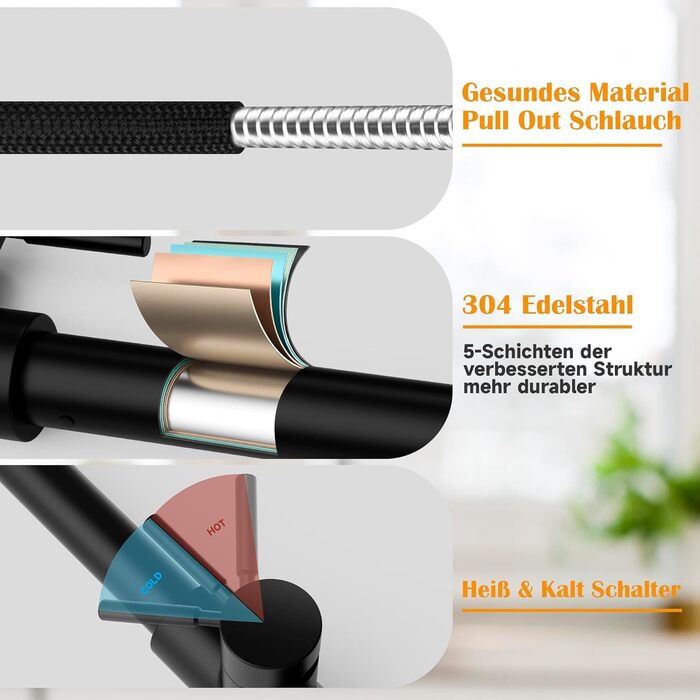 Змішувач кухонний водяний чорний, висувний з душем, 360° поворотний, 2 режими розпилення, для кухні, нержавіюча сталь