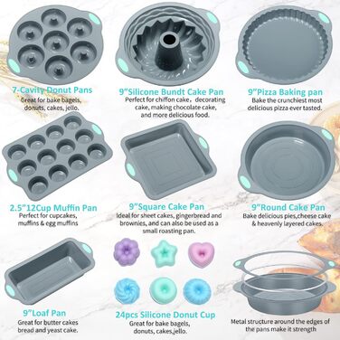 Encounter 31-Piece Silicone Baking Molds Set – 7 Silicone Baking Molds, 24 Muffin Donut Forms, Non-Stick Coated with Metal-Reinforced Frame, Increased Strength, Light Gray