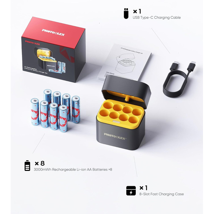 Набір акумуляторів PHOTOOLEX AA Li-ion 3000 mWh (8 шт.) з зарядним пристроєм та кейсом, 1.5V, висока ємність