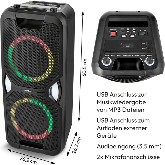 MEDION PE-1 Pure Partybox: портативна Bluetooth колонка з мікрофоном, світлові ефекти, караоке, AUX, USB, радіо, 250 Вт (25 Вт RMS)