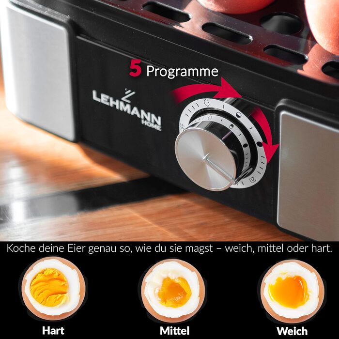 Яйцеварка Lehmann з нержавіючої сталі на 6 яєць - з регулюванням ступеня готовності та звуковим сигналом. 5 програм для ідеальних яєць, мірна склянка та знімач яєць. Сімейна версія.