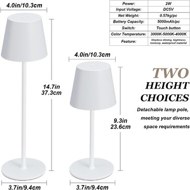 Акумуляторна настільна LED лампа бездротова з USB-C зарядкою, регульована яскравість, 3 режими світла, сенсорна лампа для дому, спальні, кемпінгу (біла)