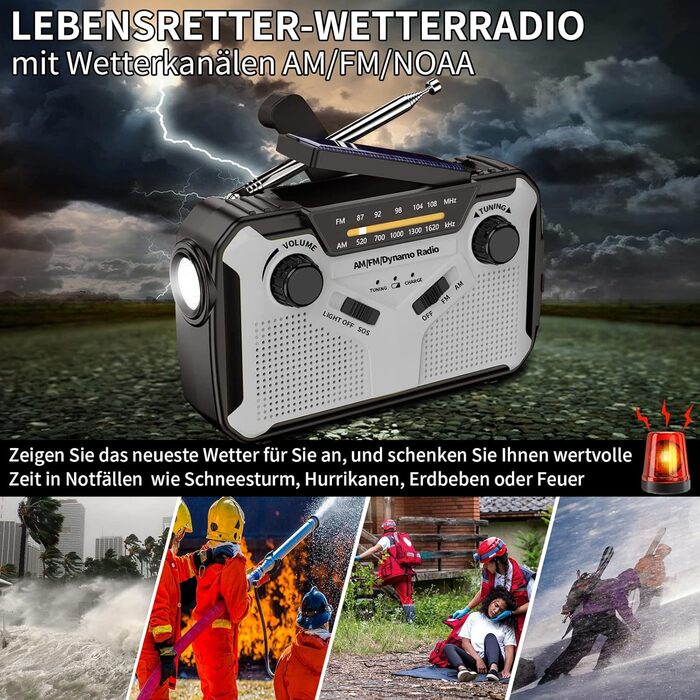 Радіо Solar Radio AM/FM портативне, з ручним генератором, аварійне радіо з акумулятором 4000mAh, ліхтарик, SOS-сигнал для кемпінгу, відпочинку на природі та надзвичайних ситуацій (сірий)