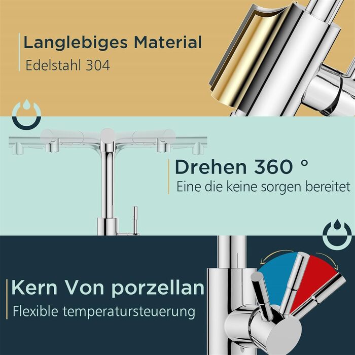 Змішувач для кухні FORIOUS з висувною лійкою та душем, 360° обертання, 2 режими, полірована хром