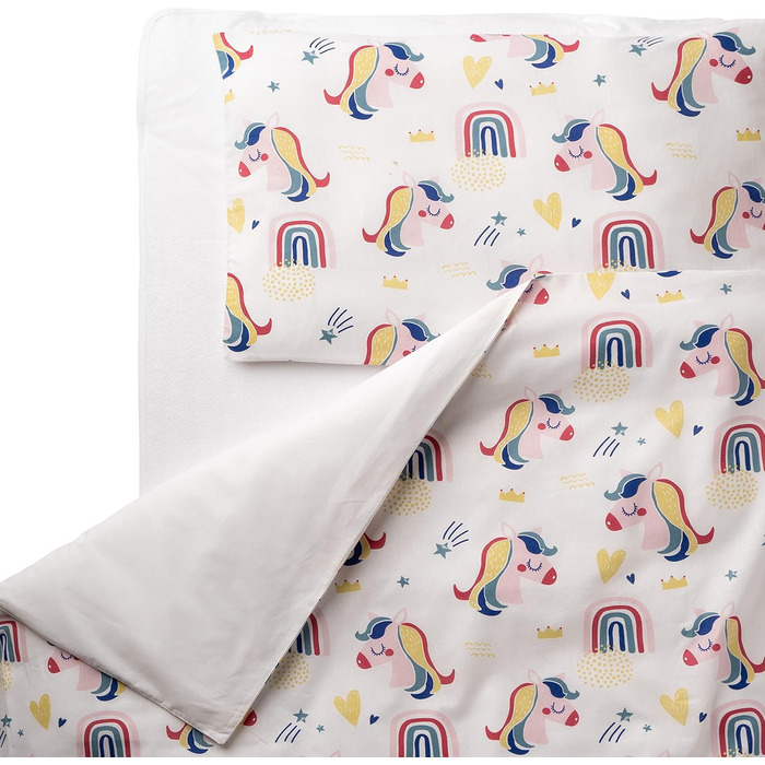 Комплект постільної білизни для немовлят FlyIdeas: 100% бавовна, сертифікат якості, ковдра та подушка, 160x80 см, Rainbow Unicorns, Made in EU