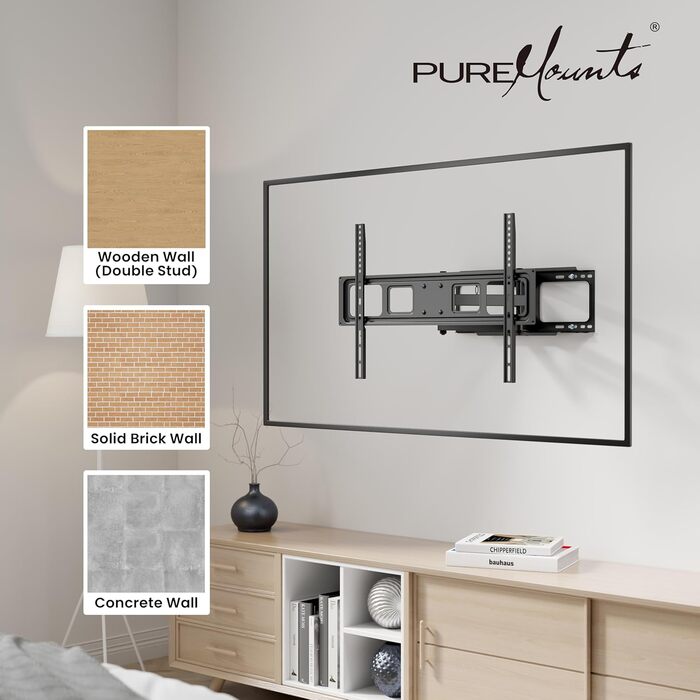 Кріплення для телевізора PureMounts, настінне, універсальне, нахильне та поворотне, VESA 200x200 мм, для телевізорів та моніторів (32-70 дюймів), чорний