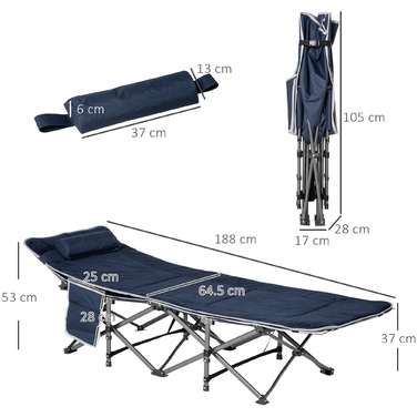 Outsunny Folding Camping Bed, Folding Field Bed, with Pillow, Side Pocket, Mattress, Guest Bed, Supports up to 150 kg, Travel, Outdoor, Oxford, Dark Blue, 188 x 64.5 x 53 cm | Aosom