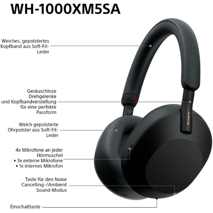 Навушники Sony WH-1000XM5 чорні: бездротові, з шумозаглушенням, Bluetooth, Hi-Res Audio, до 30 год роботи, для iOS та Android + жорсткий кейс