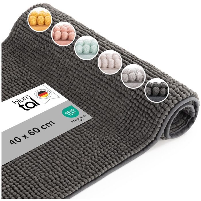 Килимок для ванної кімнати Blumtal Chenille 40x60 см, антиковзаючий, темно-сірий, сертифікат Oeko-TEX