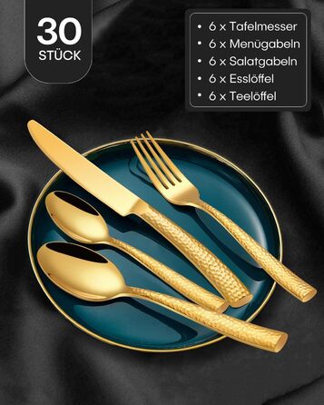 HONKKU 30-Piece Flatware Set, 6 People, Gold, Thickened Stainless Steel Cutlery Set with Hammered Handle, Eating Cutlery Set with Knife, Fork, Spoon, Mirror Polished, Dishwasher Safe