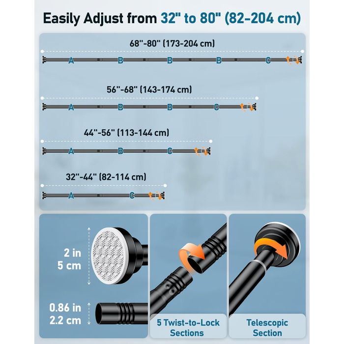 Штанга для душу Uniclife без свердління, 82–204 см, регульована, нержавіюча сталь, для ванної, вікна, шафи (чорна)