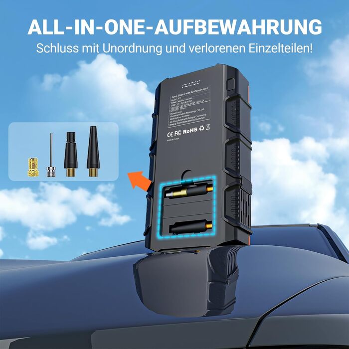 Powerbank для автомобіля Starthilfe 6000A з компресором 150PSI, 12V, для бензинових та дизельних авто (до 10л), QC3.0, LCD, ліхтарик