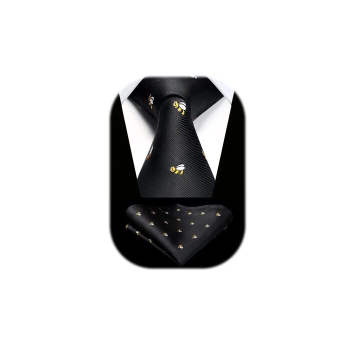 HISDERN Чоловіча краватка з принтом тварин, краватка-метелик, нагрудна хустинка, набір для весілля/бізнесу, чорний/бджола, універсальний розмір