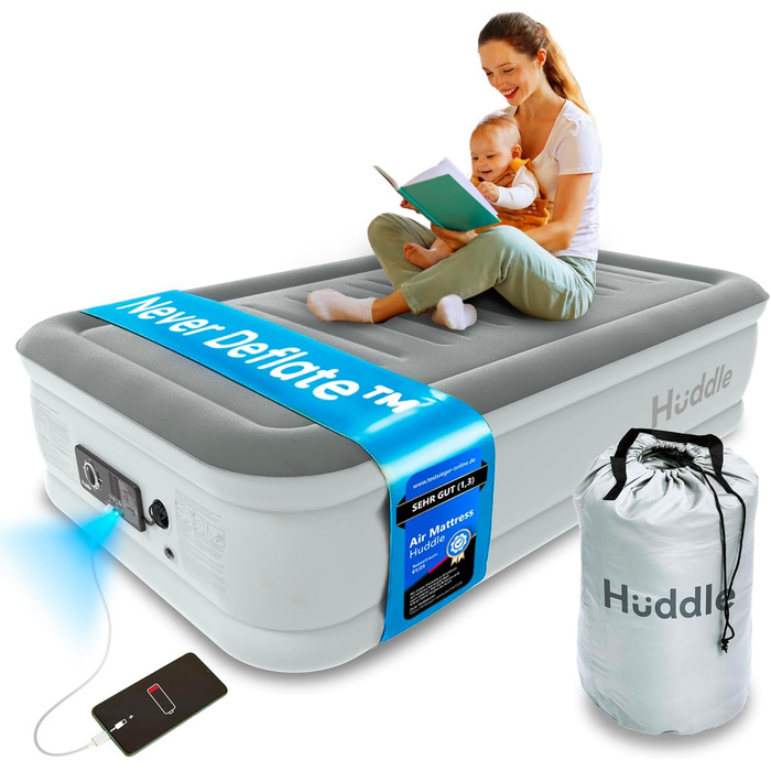 Huddle® Luxury Never Deflate - Надувна Матрац Single з Dual-Pump SlumberGuard™ | З Інтегрованою Помпою | Преміум Якість