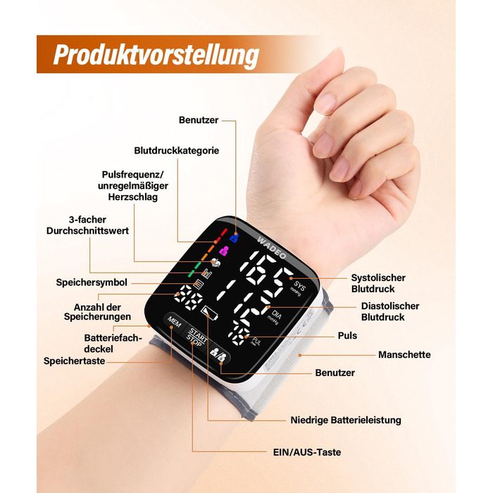 Цифровий тонометр WADEO на зап'ясті, оголошення 5 мовами, виявлення аритмії, портативний тонометр для дому та в дорогу, 2 x 99 пам'ять, з батарейками та коробкою для зберігання, білий