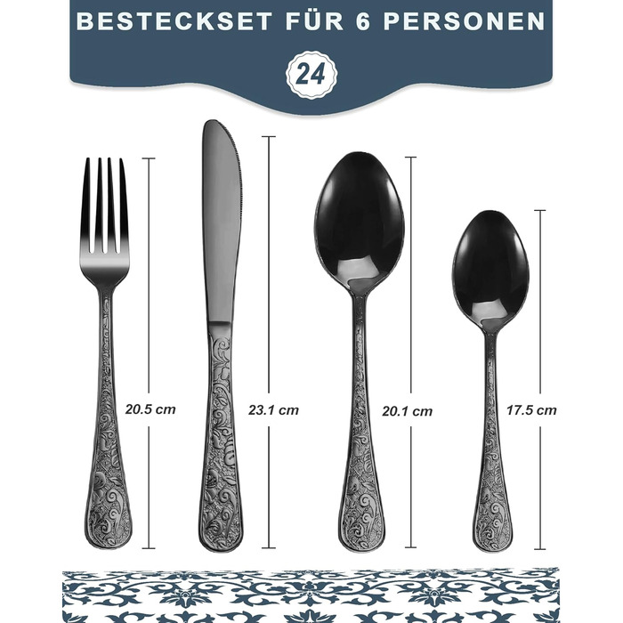 Набір столових приборів з нержавіючої сталі в вінтажному стилі на 6 осіб (чорний, 24 предмети) - ножі, виделки, ложки