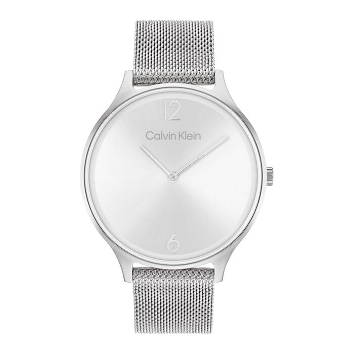 Жіночий аналоговий кварцовий годинник Calvin Klein Timeless Mesh 38мм, сріблястий, зі сталевим плетеним або шкіряним ремінцем