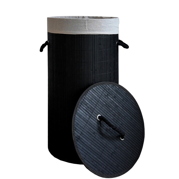 Великий круглий бамбуковий кошик для білизни з кришкою, 60 л, чорний