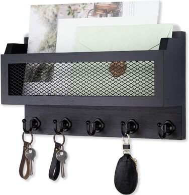Brief and key holder for wall decoration, 27.9 cm (11 inches) wooden wall key organizer with 5 key hooks, wall mount, storage shelf for entryway, hallway (white) (black)