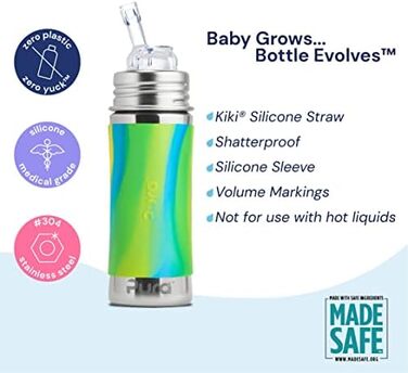Pure stainless steel bottle with silicone straw & sleeve, aqua (plastic, BPA-free, non-toxic, certified)