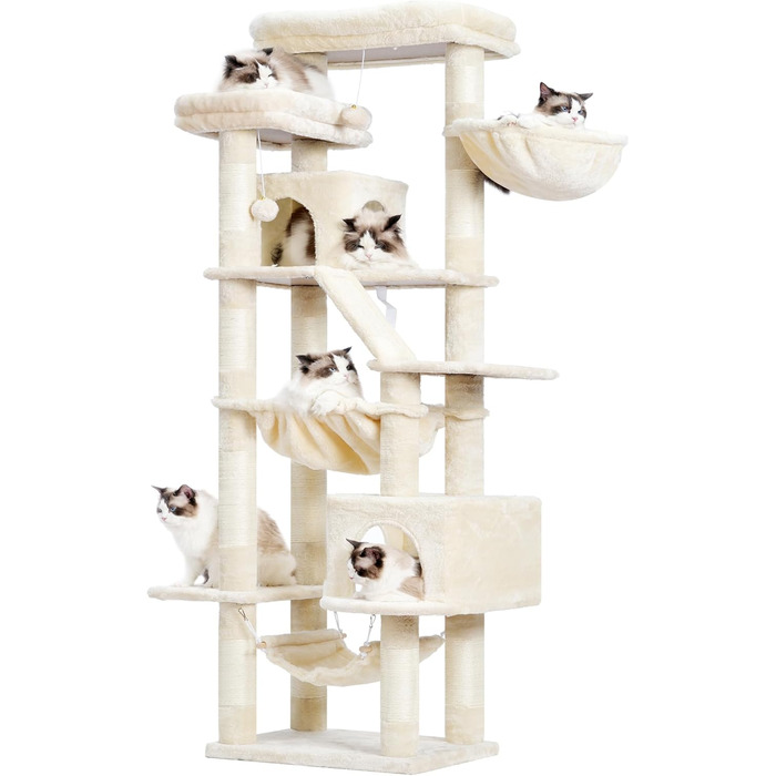 Кігтеточка-кітчечка Heybly HCT034W, 180 см, бежева: 2 платформи, 2 будиночки, 2 гамаки, кошик, кігтедряпання