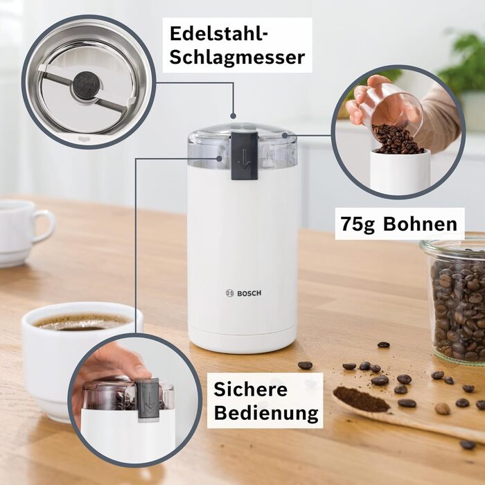 Кавомолка Bosch TSM6A013B, 75 г, біла, для одноразового використання