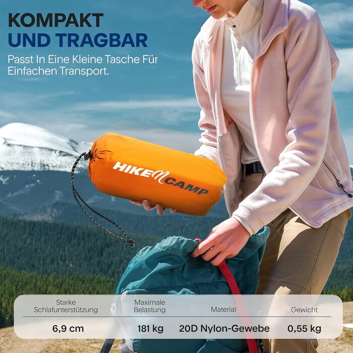 Набір для кемпінгу SereneLife: спальний килимок та спальний мішок з подушкою, водонепроникний та міцний, для походів, трекінгу та відпочинку на природі (Помаранчевий)