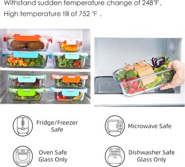 Набір з 10 скляних контейнерів для зберігання продуктів, з кришкою, BPA-Free, підходить для мікрохвильової печі, морозильника та посудомийної машини, різнокольорові