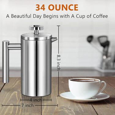 Make a French press coffee machine, 21oz stainless steel French press with a 3-level filtration system, double-walled insulated French press with 3 filters and 1 metal spoon, black