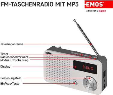 Портативне радіо EMOS з MP3-плеєром та акумулятором, FM радіоприймач, USB-C, Micro SD, білий/сірий