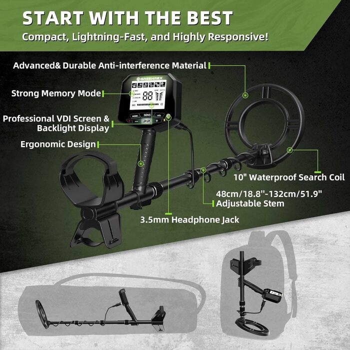 Металодетектор GreenRex Profi: водонепроникна котушка 25.4см, LCD дисплей, для дорослих та дітей, пошук золота, ідеальний для пляжу, під водою та в саду