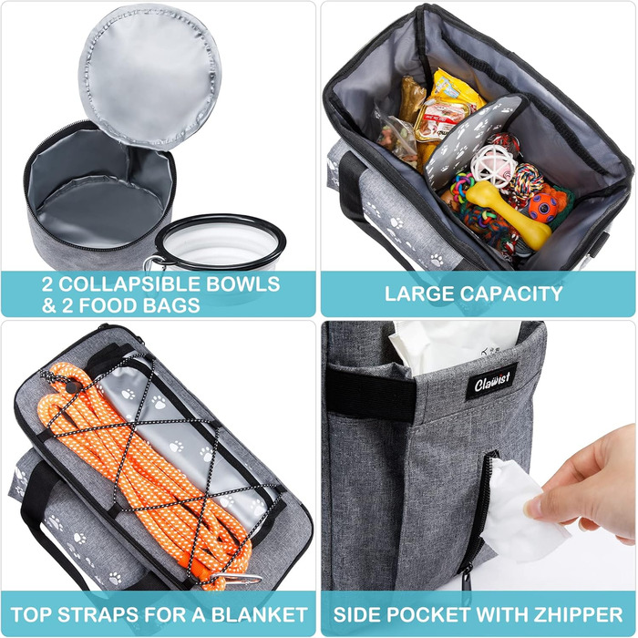 Сумка для собак у подорожі, схвалена авіакомпаніями, з контейнерами для корму та складними мисками (XL, сіра)