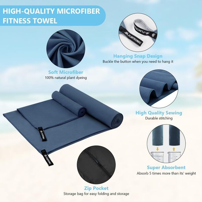 Рушник мікрофібра Flintronic, 200x100 см, великий для ванни, швидковисихаючий, спортивний, туристичний, пляжний, для тренажерного залу, сауни (Морська синя, 180x60 см + 80x40 см)