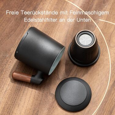 ZENS Teacup with Lid and Infuser, 360 ml Wooden Handle Tea Cup with Tea Strainer and Lid for Loose Leaf Tea, Matte Ceramic Tea Cups Gifts for Tea Lovers, Hand-Sprayed Black Glaze