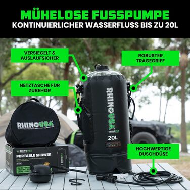 Сонячний душ Rhino USA 20 л – портативна душ для кемпінгу, фестивалів, подорожей, пляжу та відпочинку на природі. Чорний