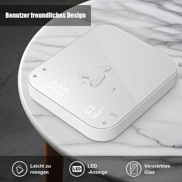 Ваги для кави Diyife з таймером, 3кг/0,1г. Електричні ваги для еспресо з HD LCD дисплеєм, функцією тарування, портативні, високоточні для еспресо та френч-пресу (M-White)