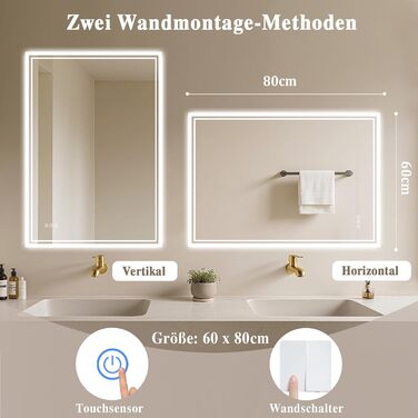 Дзеркало для ванної кімнати з підсвічуванням LED, антизапар, сенсорне керування, регулювання яскравості, 3 кольори світла, овальне, 50x70 см (Bluetooth, антизапар, 80x60 см)