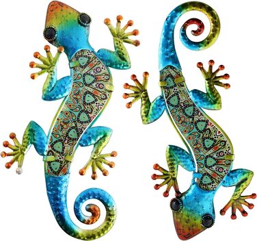 HONGLAND Metal Gecko Wall Decoration, Lizard, Garden Art, Colorful Glass Sculpture for Hanging, for Indoor and Outdoor Use, Patio, Fence (Symphony), 2 Pieces