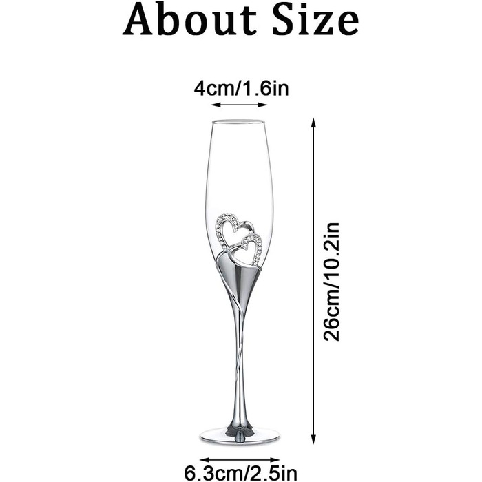 Набір з 2 келихів для шампанського Sziqiqi з кристалами у формі серця, срібного кольору. Келихи для весілля, романтичний подарунок, декор для дому.
