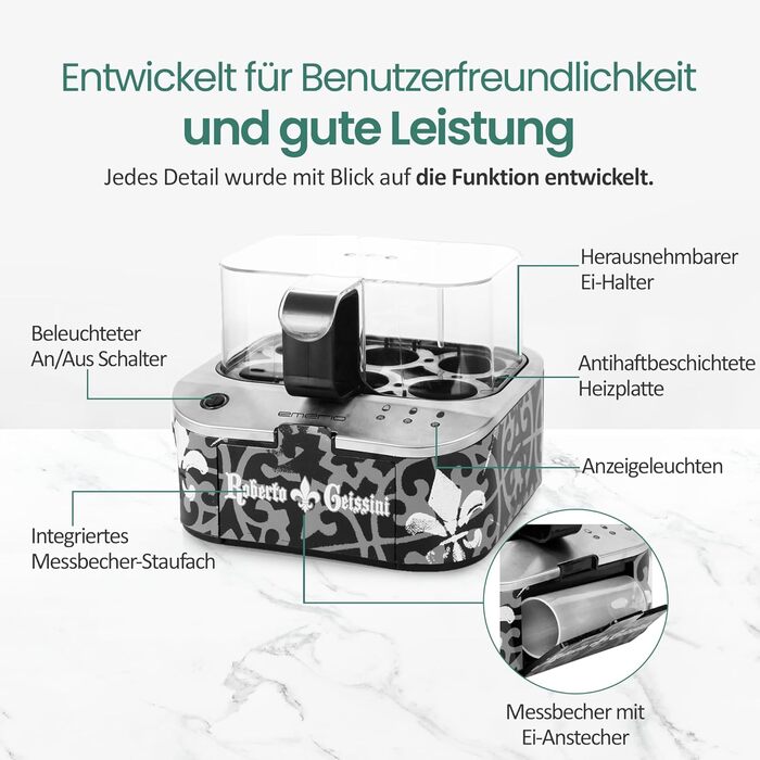 Електричний яйцеварка Roberto Geissini з голосом Carmen Geiss | Limited Edition від EMERIO | 3 ступені нагріву (м'який, середній, твердий)
