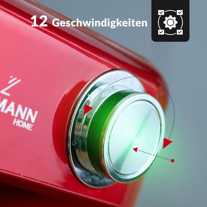 Кухонна машина LEHMANN 1500W з набором аксесуарів, планетарний міксер з чашею 5л, 12 швидкостей, захист від перегріву, червоний