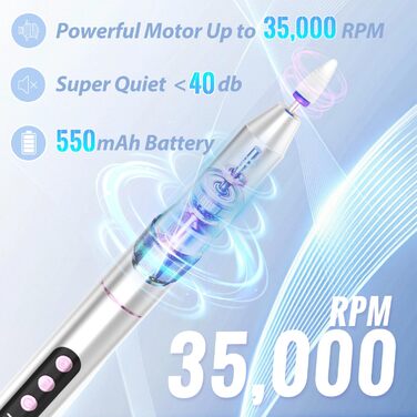 Електричний фрезер для нігтів Nagelfräser Kabellos 2-в-1 з LED лампою для манікюру та педикюру, 35000 об/хв, срібний